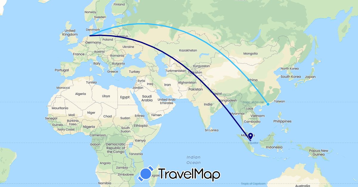 TravelMap itinerary: driving, boat in China, Germany, Singapore (Asia, Europe)
